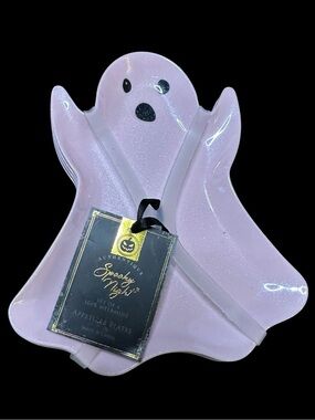 NWT Authentique Spooky Night Pink Ghost Melamine Appetizer Plate - Set of 4